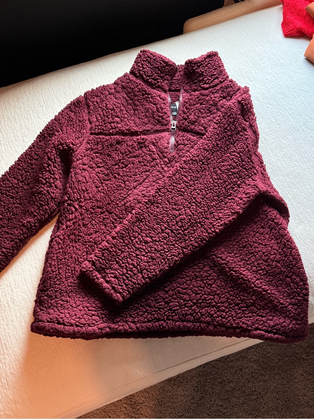 Zenana Outfitters Burgundy Sherpa Quarter-Zip Pullover